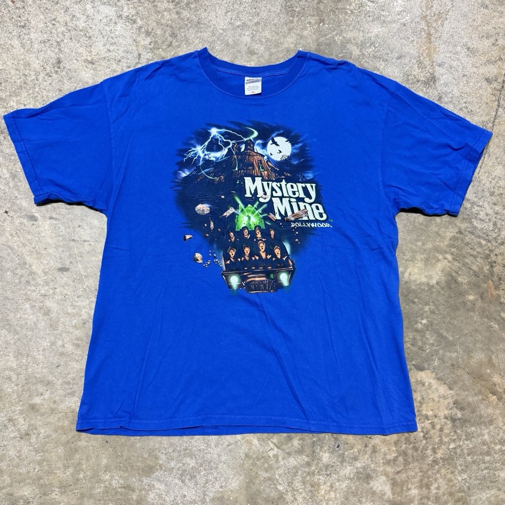 Vintage Dollywood Mystery Mine Ride T-Shirt Mens XL Blue Dolly Parton Anvil Y2K